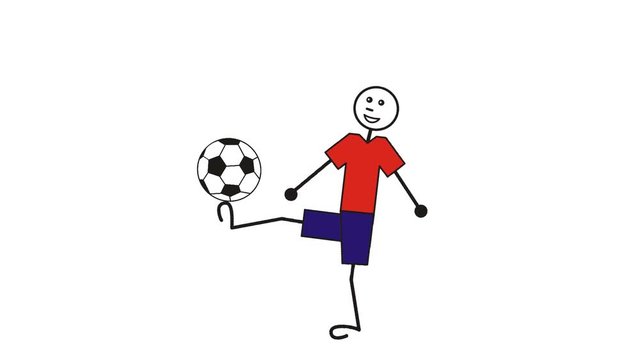 A cartoon man juggles a ball. A soccer (football) player. Funny humorous video.