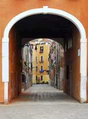 Beautiful architecture  Venice, Italy. Details of the windows and doors of the colorful houses. Street. Grand canal famous landmark panoramic view Venice Italy with blue sky white cloud.