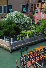 Beautiful architecture  Venice, Italy. Details of the windows and doors of the colorful houses. Street. Grand canal famous landmark panoramic view Venice Italy with blue sky white cloud.