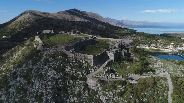 Drone shot of castle on hilltop in Shkoder, Albania