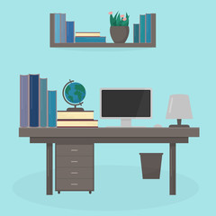 Vector illustration in flat style of table with computer, books, lamp and globe on it, bookshelf. Workplace of the student. Room or office interior. Education and learning concept.