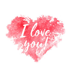 Red watercolor heart and text I love you on a white background. For printing on a postcard, T-shirt, cup, etc.