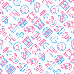 Butcher shop seamless pattern with thin line icons: meat steak, beef, pork, mutton, BBQ, chicken, burger, cutting board, meat knives. Modern vector illustration.