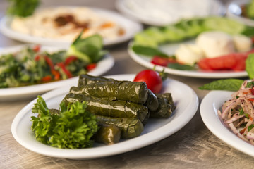 stuffed leaves on the plate with vegetable for service for restaurant concept from Turkey.