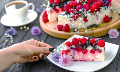 cheese cake and tea on a wooden background