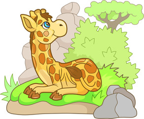 cartoon cute giraffe lies on the ground, funny illustration
