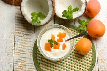 coconut dessert with sliced apricot