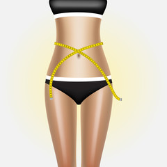 Woman body with measure tape. Lady is measuring her waist with a tape measure in centimeters and millimeters. Isolated image.