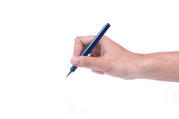 Close up of Man hand with metallic pen signing or writing. Isolated on white background.
