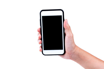 Hand holding Smartphone with blank screen on white background. Isolated on white background.