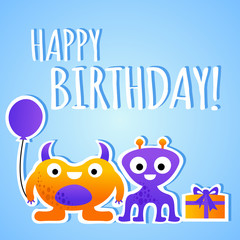 Obraz na płótnie Canvas Cartoon happy birthday card for children with monsters, vector illustration