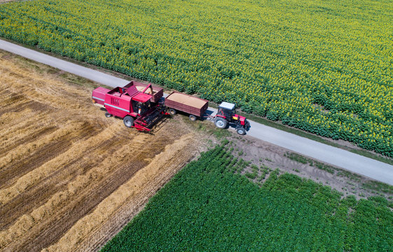 Top view of combine harvester and tractor in field