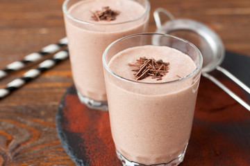 Iced drink with cocoa powder, banana, almond milk