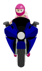 Classic sport motorcycle with blond girl rider in pink helmet front view isolated vector illustration
