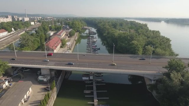 Aerial shot of Budapest - Arpad bridge and boats