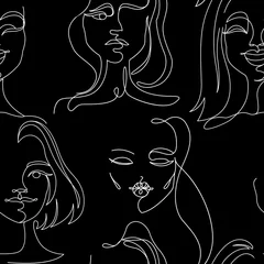 Foto op Plexiglas Lijnkunst Naadloos patroon met gezichten van de vrouw met één lijn kunstportret