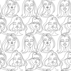 Foto op Plexiglas Lijnkunst Naadloos patroon met gezichten van de vrouw met één lijn kunstportret