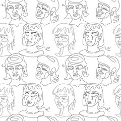 Seamless Pattern with Woman Faces One Line Art Portrait. Female Facial Expression. Hand Drawn Linear Woman Silhouette Background. Vector illustration