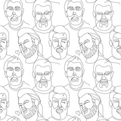 Fototapeta premium Seamless Pattern with Bearded Man Portrait One Line Art. Male Facial Expression. Hand Drawn Linear Man Silhouette Background. Vector illustration