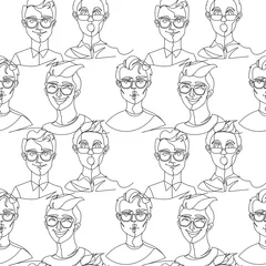 Gordijnen Naadloze patroon met Man in brillen portret één regel kunst. Mannelijke gezichtsuitdrukking. Hand getekende lineaire Man silhouet achtergrond. vector illustratie © Pavlo Syvak