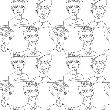 Seamless Pattern with Man Portrait One Line Art