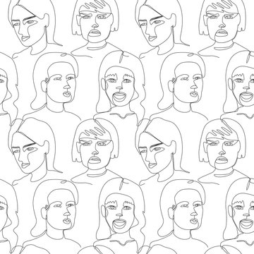 Seamless Pattern with Woman Faces One Line Art Portrait. Female Facial Expression. Hand Drawn Linear Woman Silhouette Background. Vector illustration