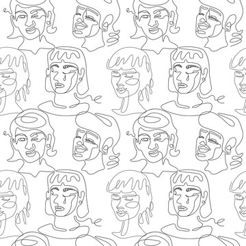 Seamless Pattern with Woman Faces One Line Art Portrait. Female Facial Expression. Hand Drawn Linear Woman Silhouette Background. Vector illustration