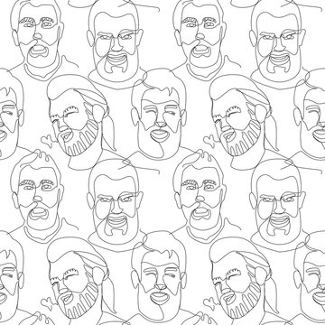 Seamless Pattern with Bearded Man Portrait One Line Art. Male Facial Expression. Hand Drawn Linear Man Silhouette Background. Vector illustration