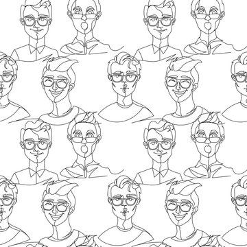 Seamless Pattern with Man in Eyeglasses Portrait One Line Art. Male Facial Expression. Hand Drawn Linear Man Silhouette Background. Vector illustration