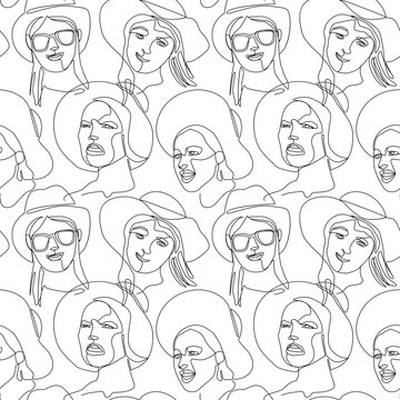 Seamless Pattern with Woman Faces One Line Art Portrait