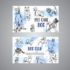 Hand drawn dogs breeds pet care business card. Sketch of dog. French bulldog, dachshund, Husky, Yorkshire Terrier Dog club banners Vector