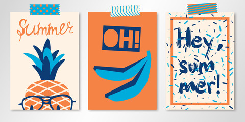 Set of fun vector bright summer cards with pineapple, bananas and text. All isolated and layered
