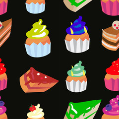 Sweet confectionery vector seamless pattern with different colored cupcakes and cakes.