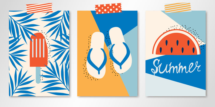 Set of three taping vector summer cards with ice cream in palm leaves, sandals and watermelon. All isolated and layered