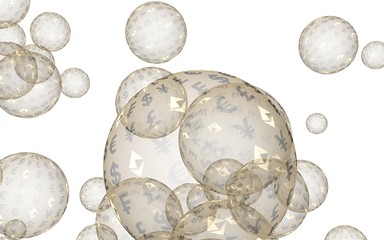 Bitcoin economic financial bubble. Cryptocurrency 3D illustration. Business concept. Golden bubbles on a white background