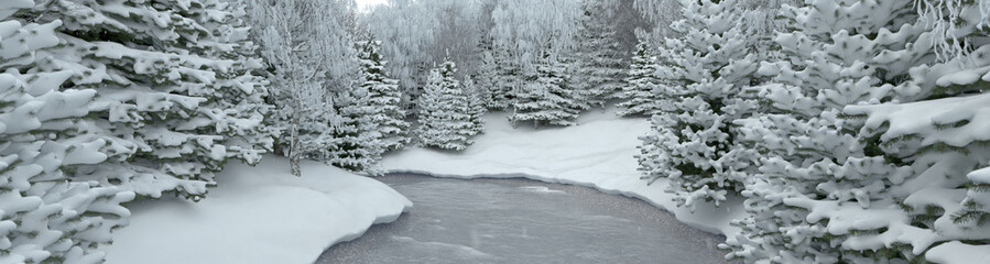 зимняя река в сосновом лесу - obrazy, fototapety, plakaty