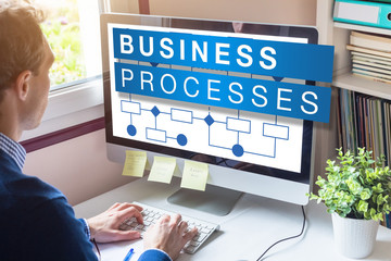 Business process management concept on computer screen with workflow automation flowchart for...