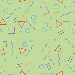 Green vector seamless pattern with with geometric elements. Backdrop with triangles, circles and different lines for your design.