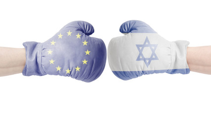 Boxing gloves with European Union and Israel flag. Israel vs European Union concept.