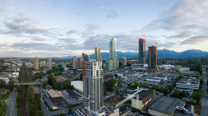 Aerial panoramic view of Residential Buildings and Construction Sites around Brentwood Mall. Taken in Burnaby, Greater Vancouver, BC, Canada.
