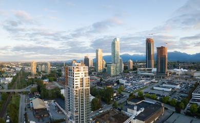Fototapeta na wymiar Aerial panoramic view of Residential Buildings and Construction Sites around Brentwood Mall. Taken in Burnaby, Greater Vancouver, BC, Canada.