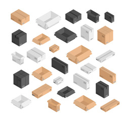 Vector different size isometric boxes set. 3d open and closed black, beige, white mail shipping boxes with bar codes. Small, big, long ,short box