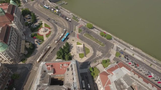 Aerial shot of Budapest, Hungary - Gellert squere and Freedom bridge