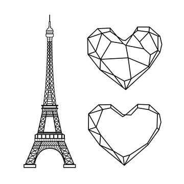 Eiffel Tower and polygonal hearts vector set.
