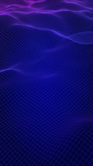 Abstract landscape on a blue background. Cyberspace grid. Hi-tech network, technology. Vertical image orientation. 3D illustration