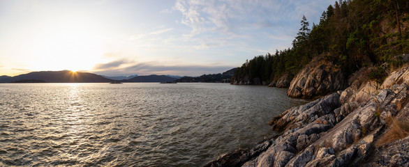 Beautiful panoramic view of the rocky coast viewed from Lighthouse Park. Taken in Horseshoe Bay, West Vancouver, British Columbia, Canada.