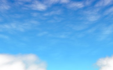 Blue sky background with white clouds. Abstraction group of clouds on clear blue sky on sunny day. 3D illustration