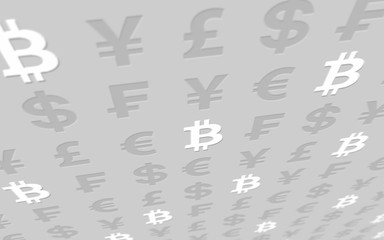 Bitcoin and currency on a gray background. Digital Cryptocurrency symbol. Business concept. Market Display. 3D illustration