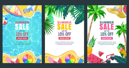 Summer sale vector poster, banner template. Season backgrounds. Tropical frame with sand beach, water, leaves and fruits © Qualit Design