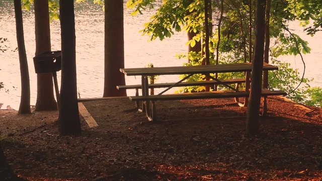 A picnic table on the shore of a lake.